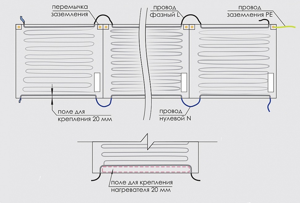 Потолочный нагреватель ЗЕБРА ЭВО-300 серий SOFT, ST, PRO, EX – отводные провода подключения, перемычка заземления, поля для крепления